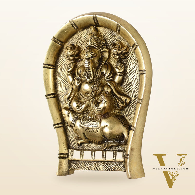 Superfine Brass Lord Ganesha Seated on a Mouse Wall Hanging - 6x5 Inch
