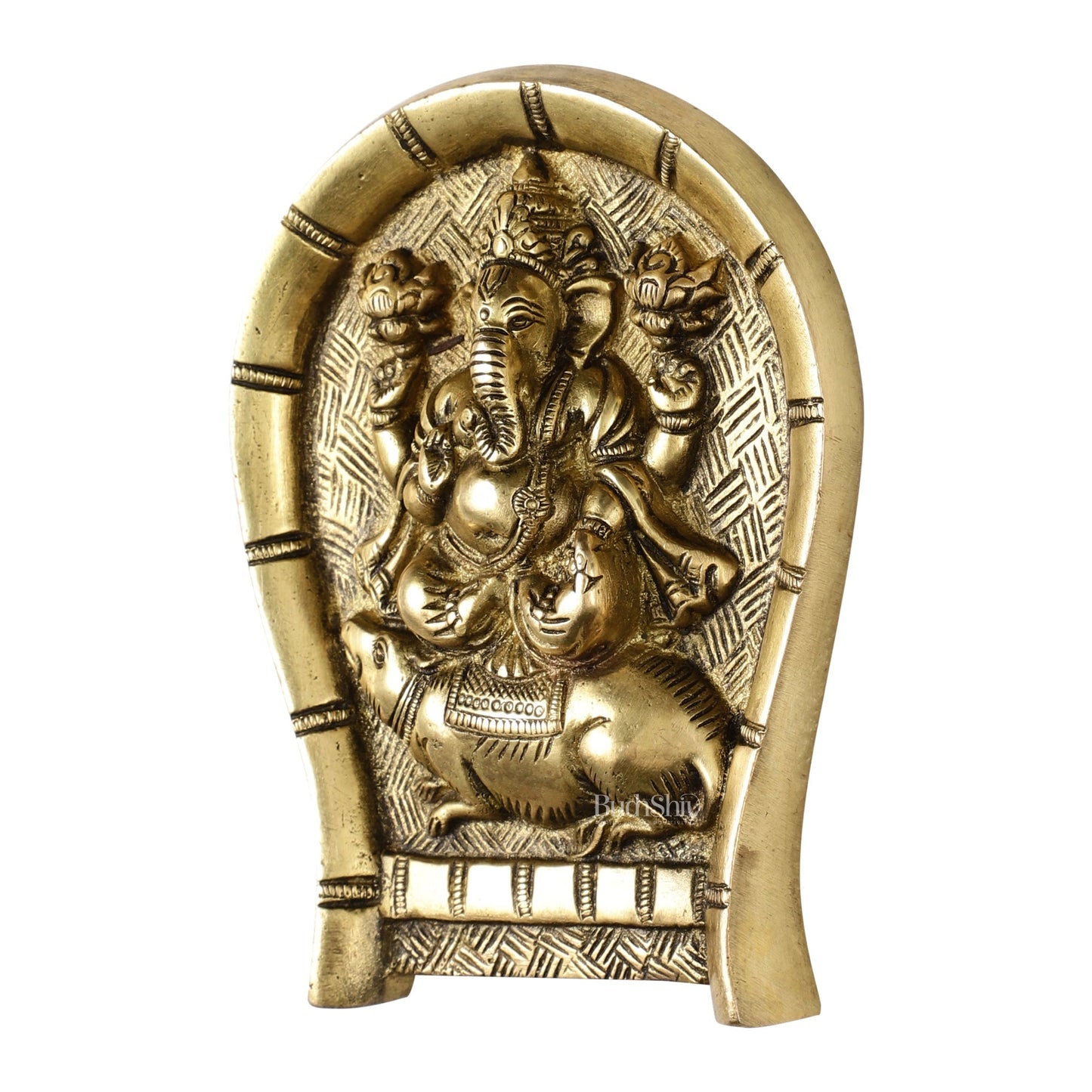 Superfine Brass Lord Ganesha Seated on a Mouse Wall Hanging - 6x5 Inch