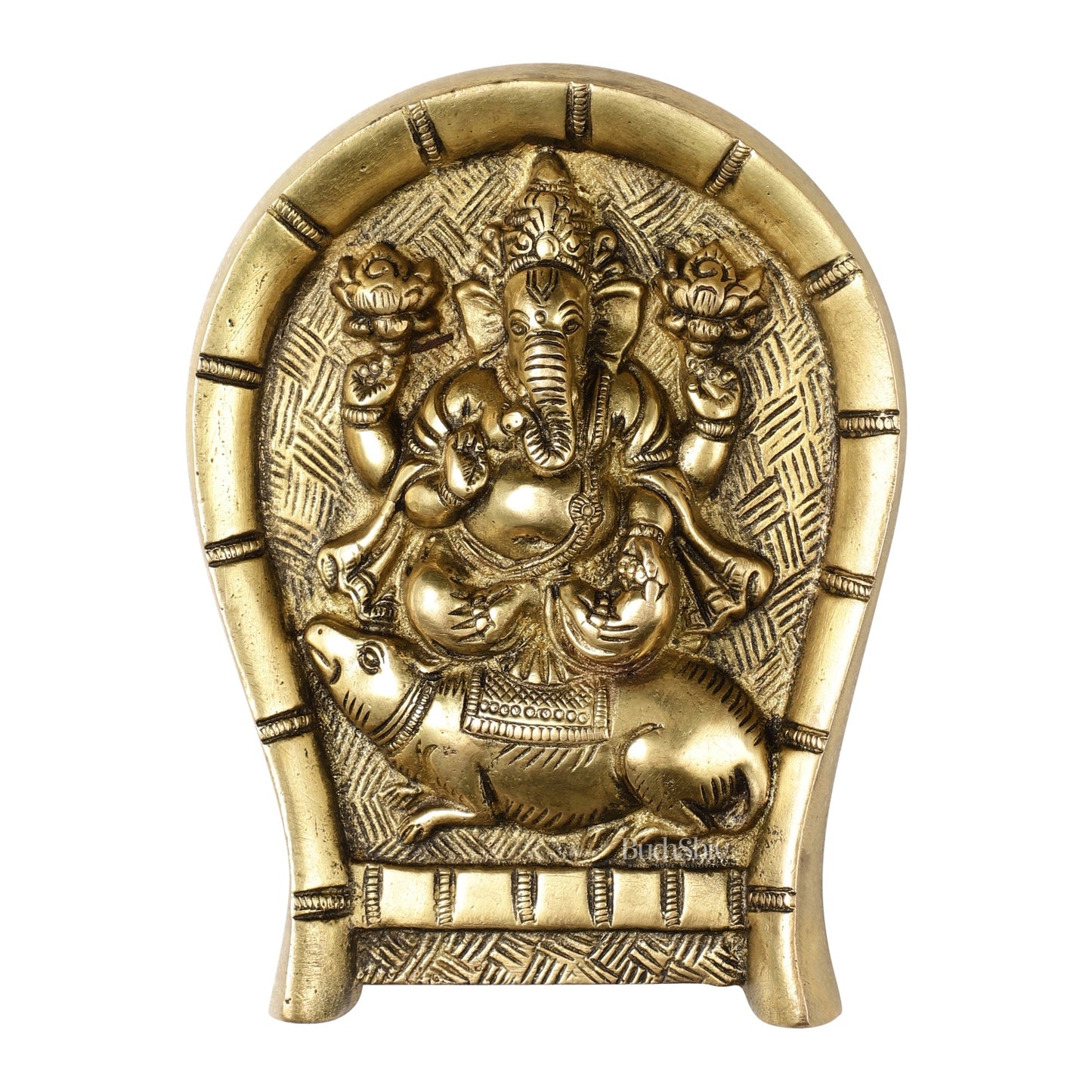 Superfine Brass Lord Ganesha Seated on a Mouse Wall Hanging - 6x5 Inch