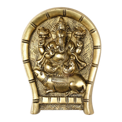 Superfine Brass Lord Ganesha Seated on a Mouse Wall Hanging - 6x5 Inch