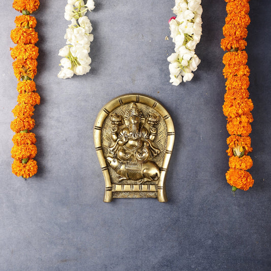 Superfine Brass Lord Ganesha Seated on a Mouse Wall Hanging - 6x5 Inch