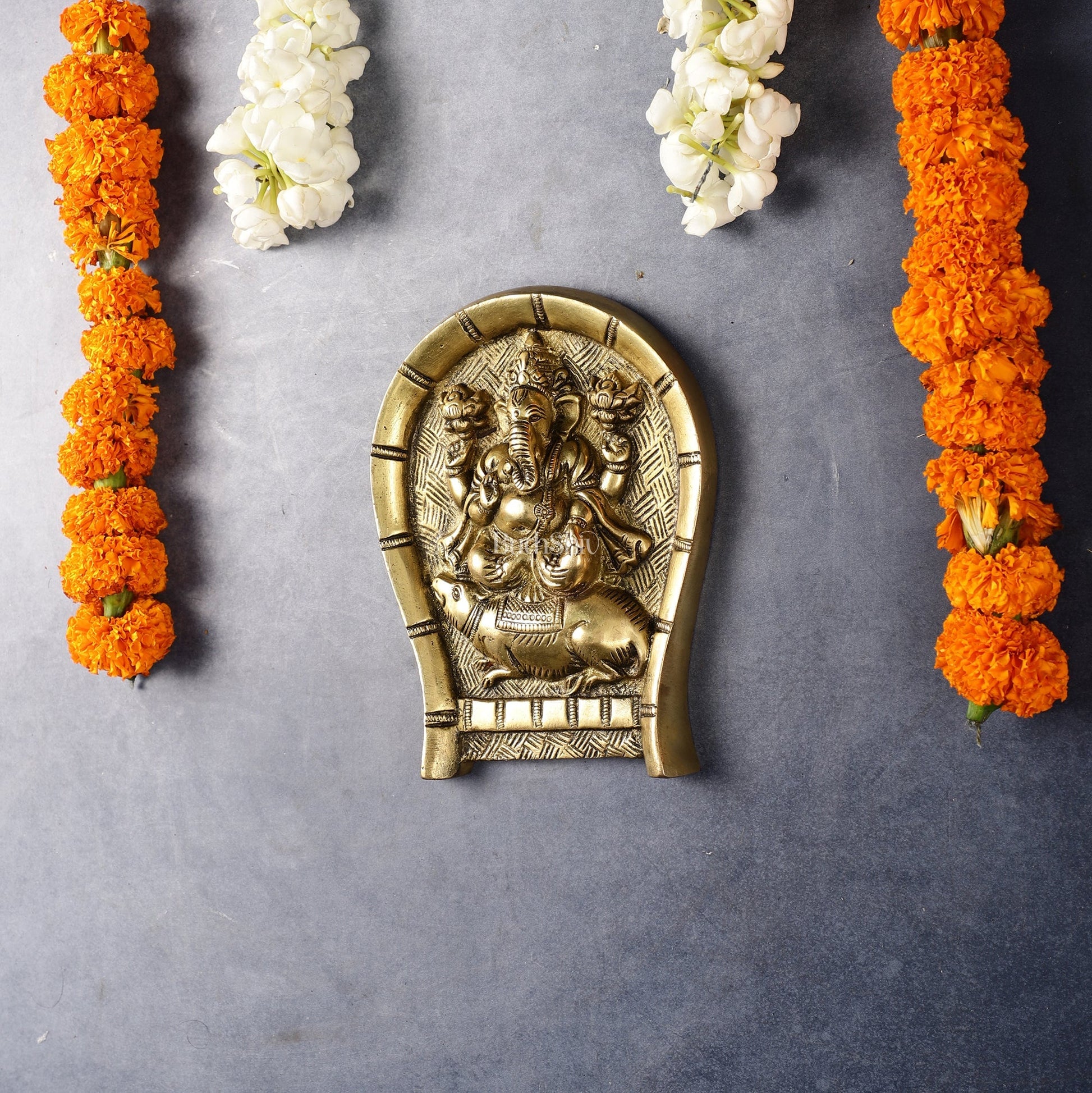 Superfine Brass Lord Ganesha Seated on a Mouse Wall Hanging - 6x5 Inch