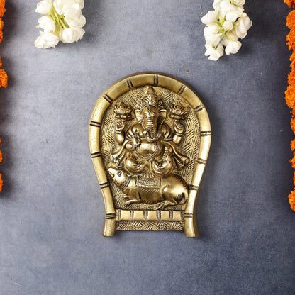 Superfine Brass Lord Ganesha Seated on a Mouse Wall Hanging - 6x5 Inch
