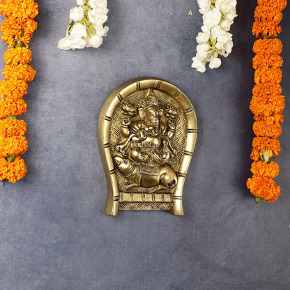 Superfine Brass Lord Ganesha Seated on a Mouse Wall Hanging - 6x5 Inch