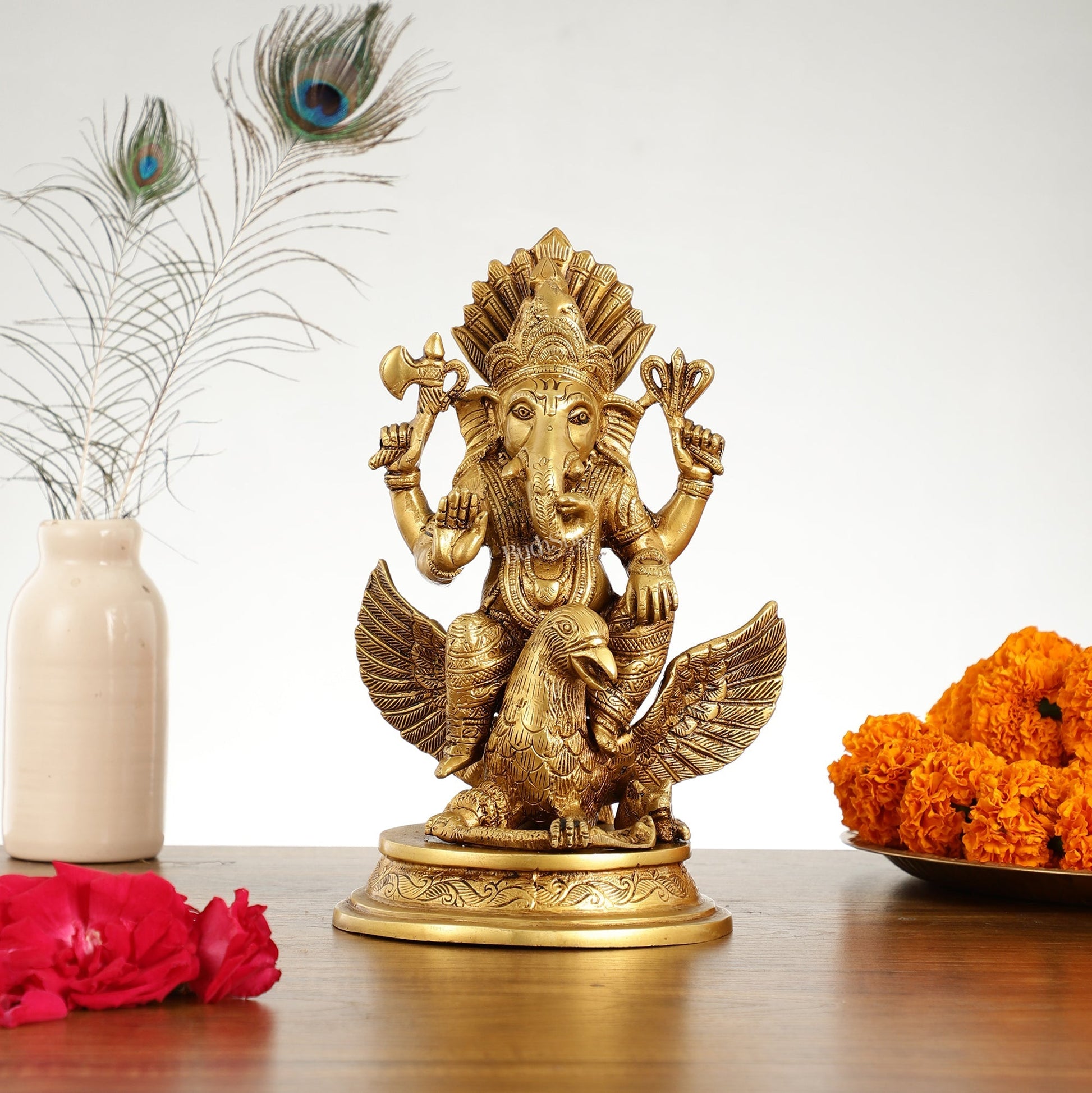 Superfine Brass Lord Ganesha Seated on Garuda - 10 inch