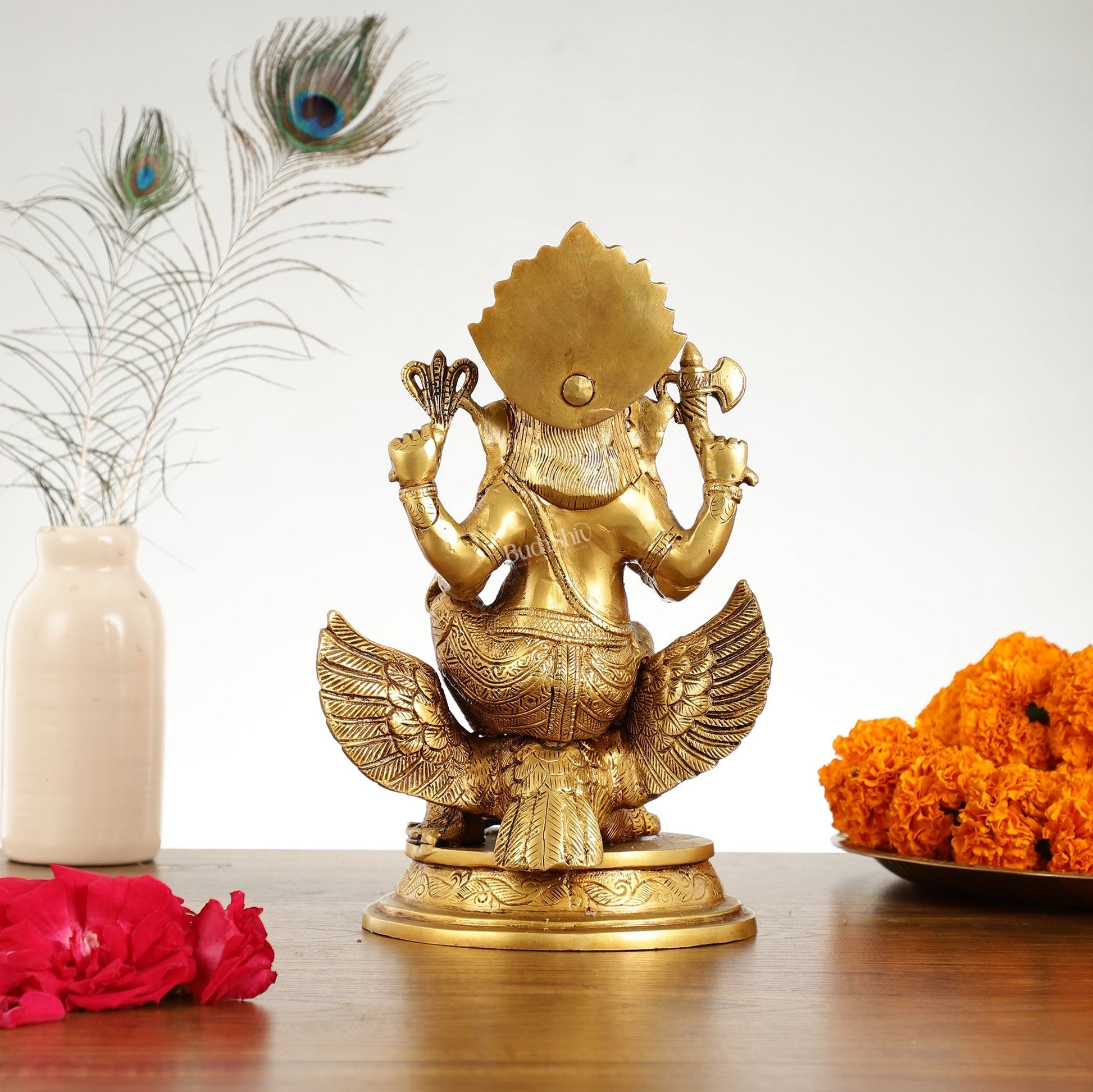 Superfine Brass Lord Ganesha Seated on Garuda - 10 inch
