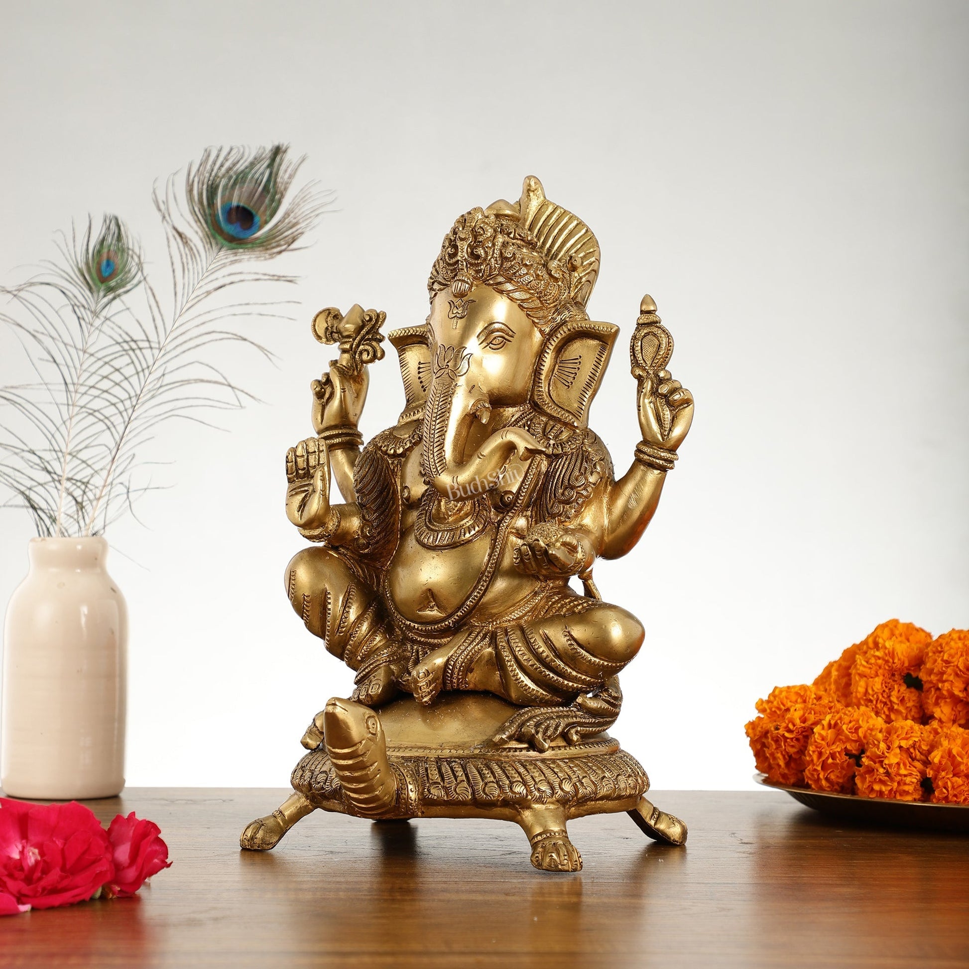 Superfine Brass Lord Ganesha Seated on Tortoise Idol - 13 Inch