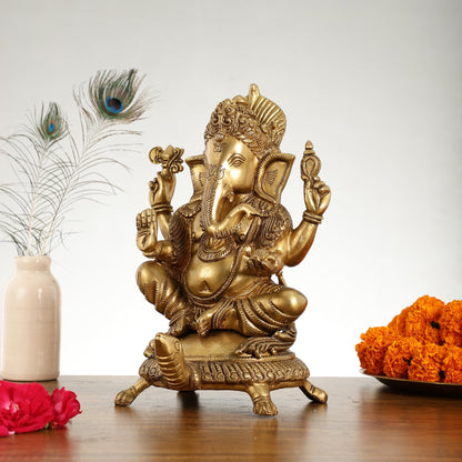 Superfine Brass Lord Ganesha Seated on Tortoise Idol - 13 Inch