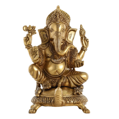 Superfine Brass Lord Ganesha Seated on Tortoise Idol - 13 Inch