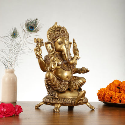Superfine Brass Lord Ganesha Seated on Tortoise Idol - 13 Inch