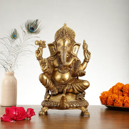 Superfine Brass Lord Ganesha Seated on Tortoise Idol - 13 Inch
