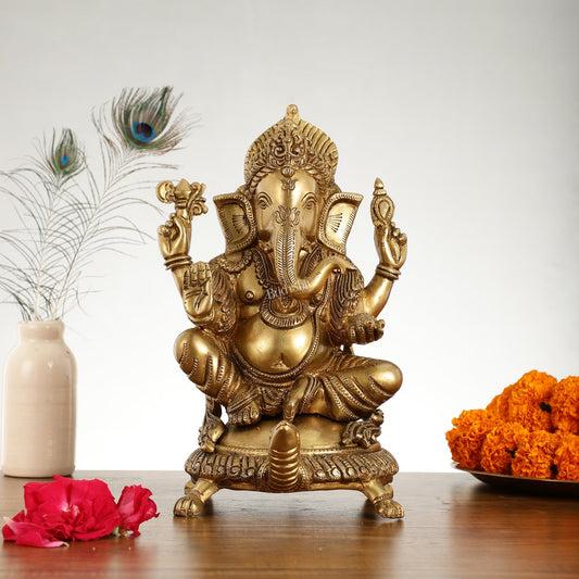 Superfine Brass Lord Ganesha Seated on Tortoise Idol - 13 Inch