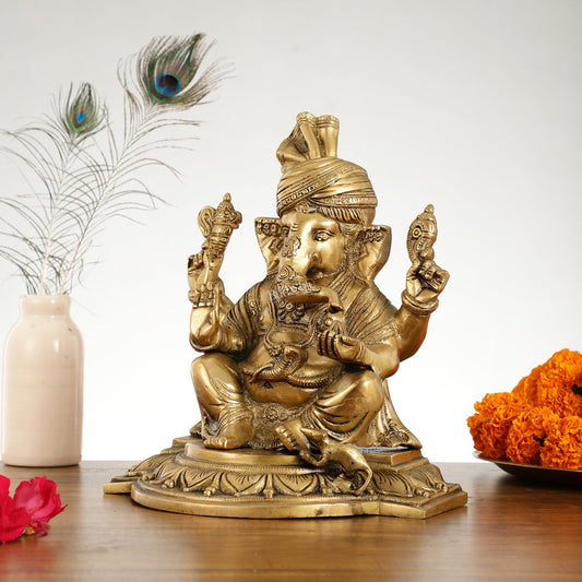 Superfine Brass Lord Ganesha Statue with Turban - 12 Inch