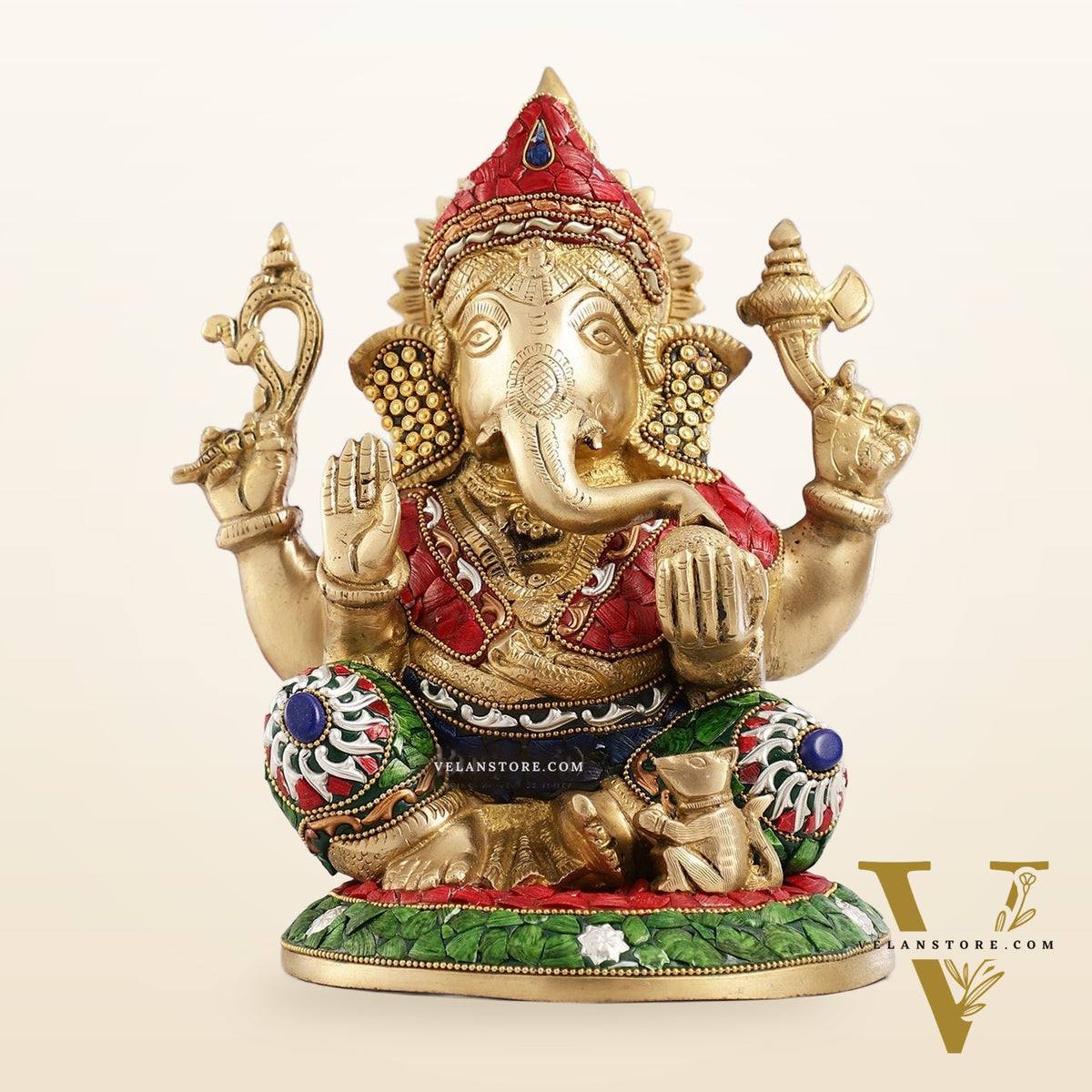 Superfine Brass Lord Ganesha with Stonework Idol Murti Statue - 12 inch
