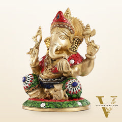 Superfine Brass Lord Ganesha with Stonework Idol Murti Statue - 12 inch