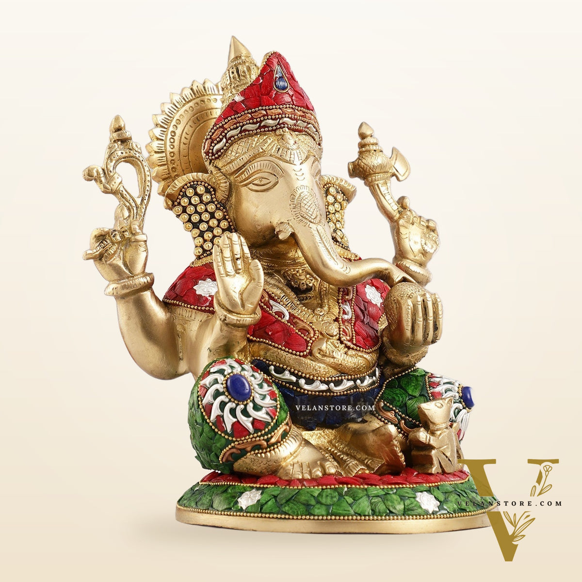 Superfine Brass Lord Ganesha with Stonework Idol Murti Statue - 12 inch