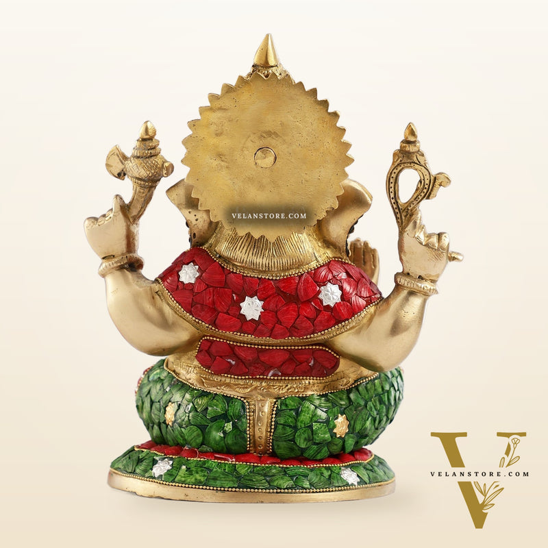 Superfine Brass Lord Ganesha with Stonework Idol Murti Statue - 12 inch