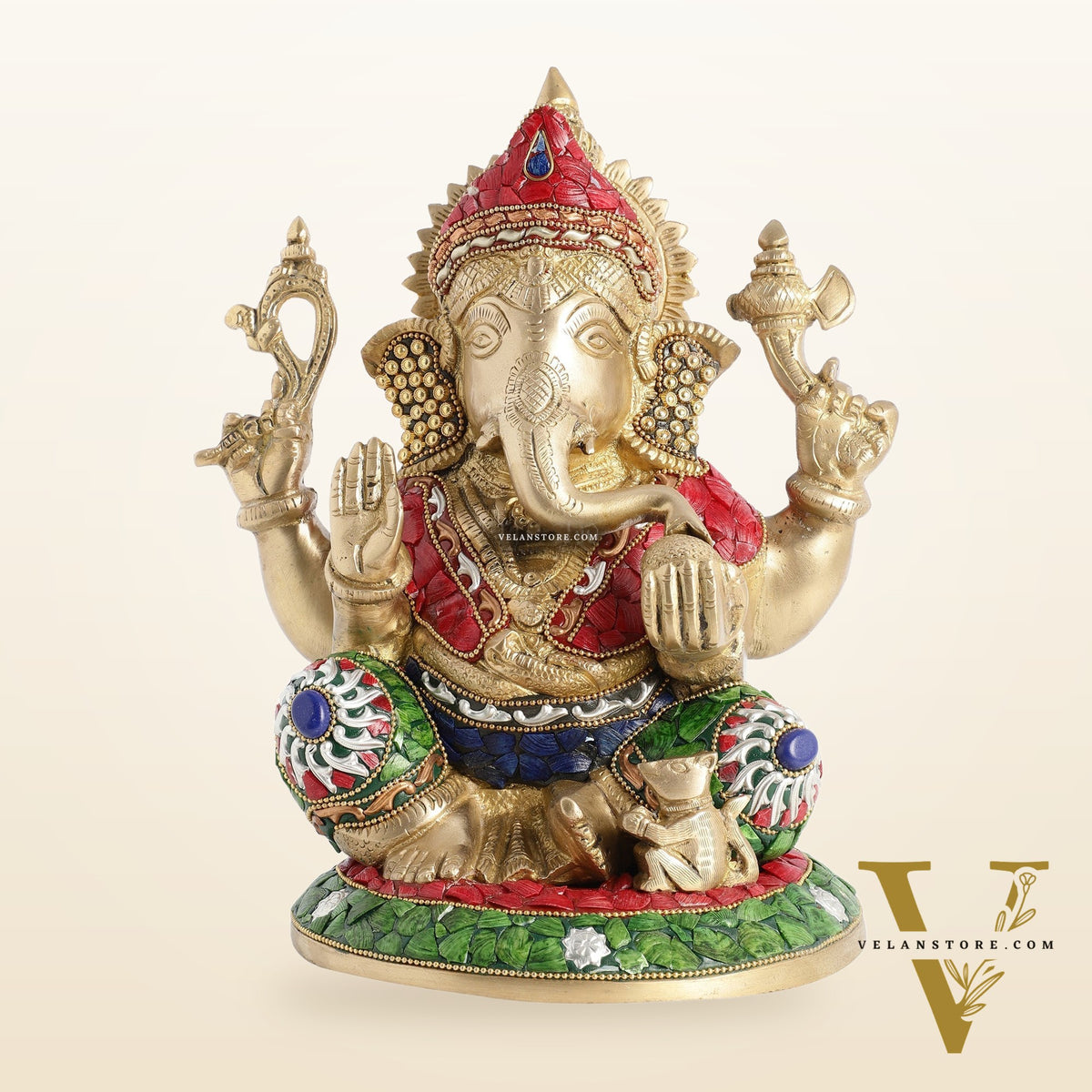 Superfine Brass Lord Ganesha with Stonework Idol Murti Statue - 12 inch