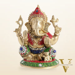 Superfine Brass Lord Ganesha with Stonework Idol Murti Statue - 12 inch