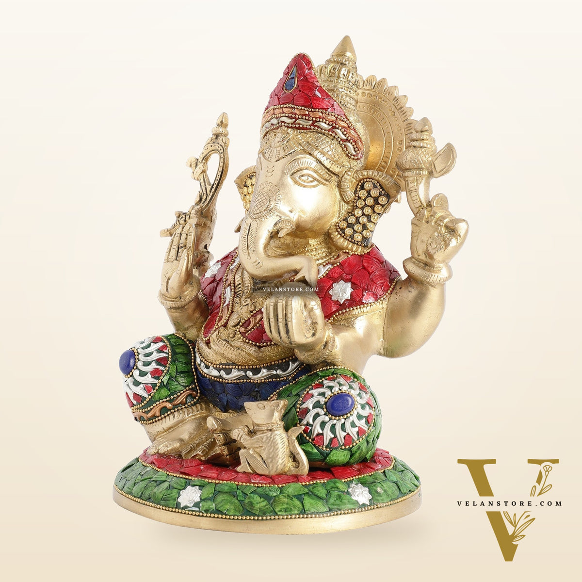 Superfine Brass Lord Ganesha with Stonework Idol Murti Statue - 12 inch