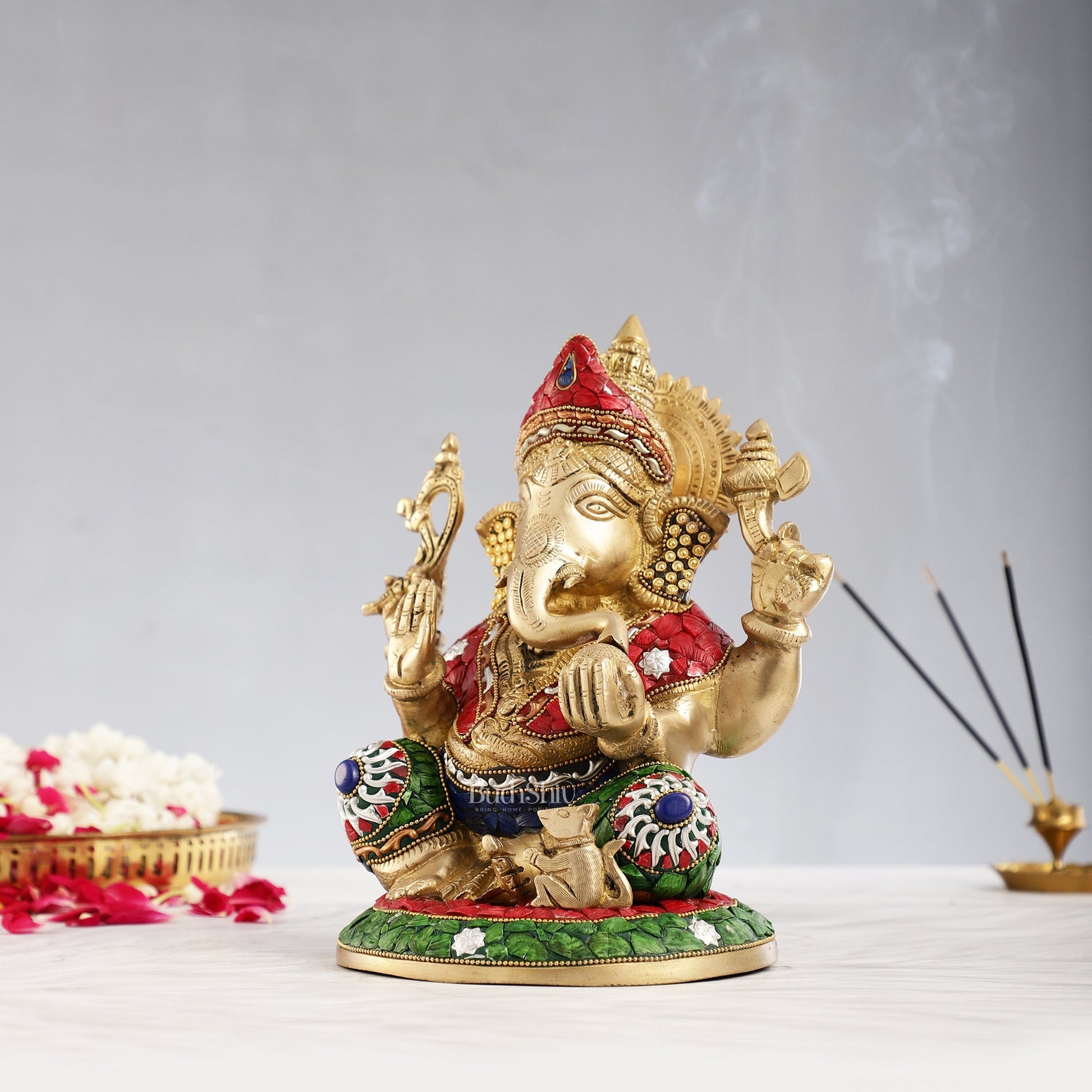 Superfine Brass Lord Ganesha with Stonework Idol Murti Statue - 12 inch