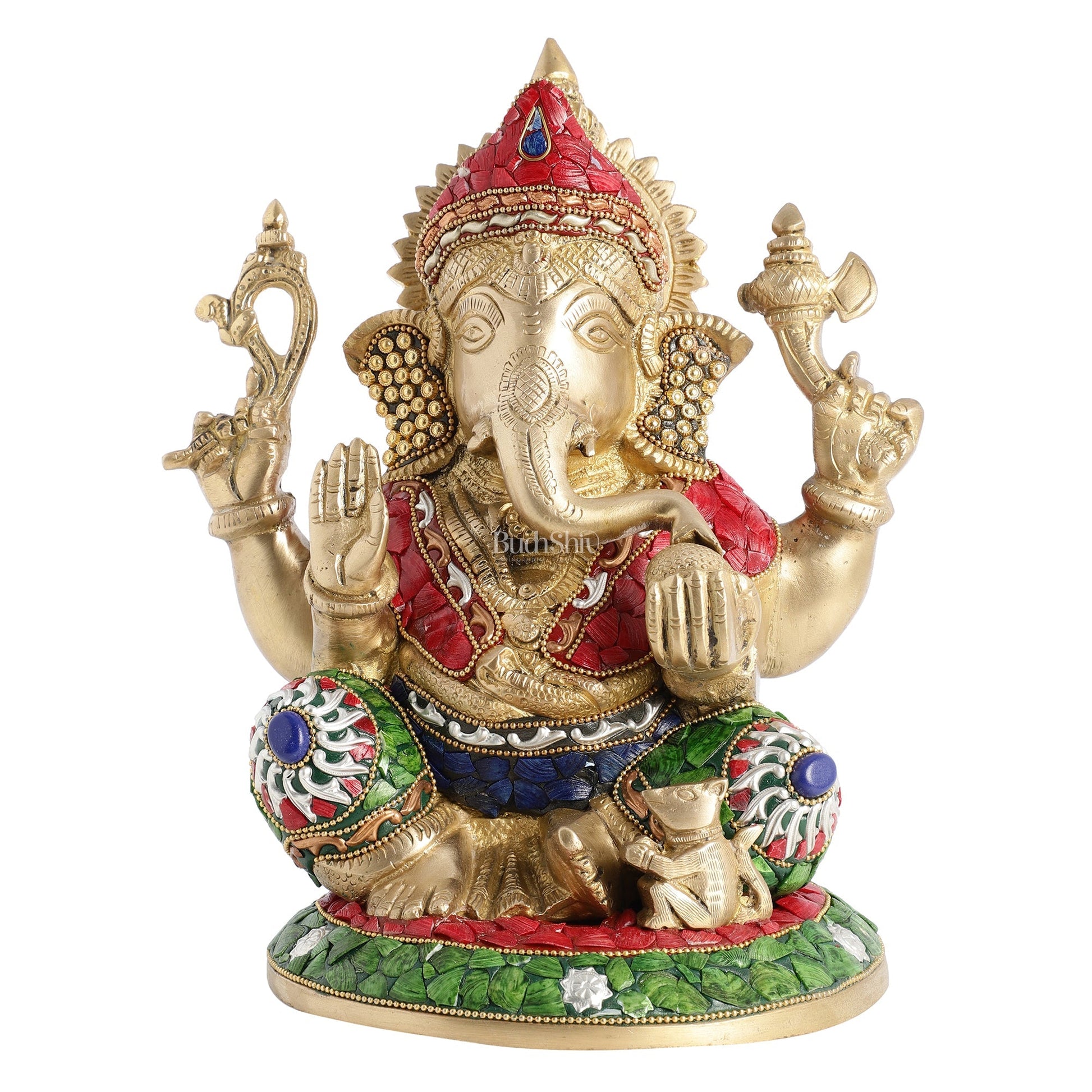 Superfine Brass Lord Ganesha with Stonework Idol Murti Statue - 12 inch