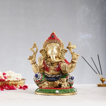 Superfine Brass Lord Ganesha with Stonework Idol Murti Statue - 12 inch