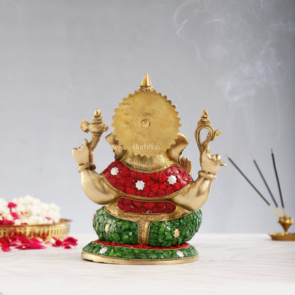 Superfine Brass Lord Ganesha with Stonework Idol Murti Statue - 12 inch