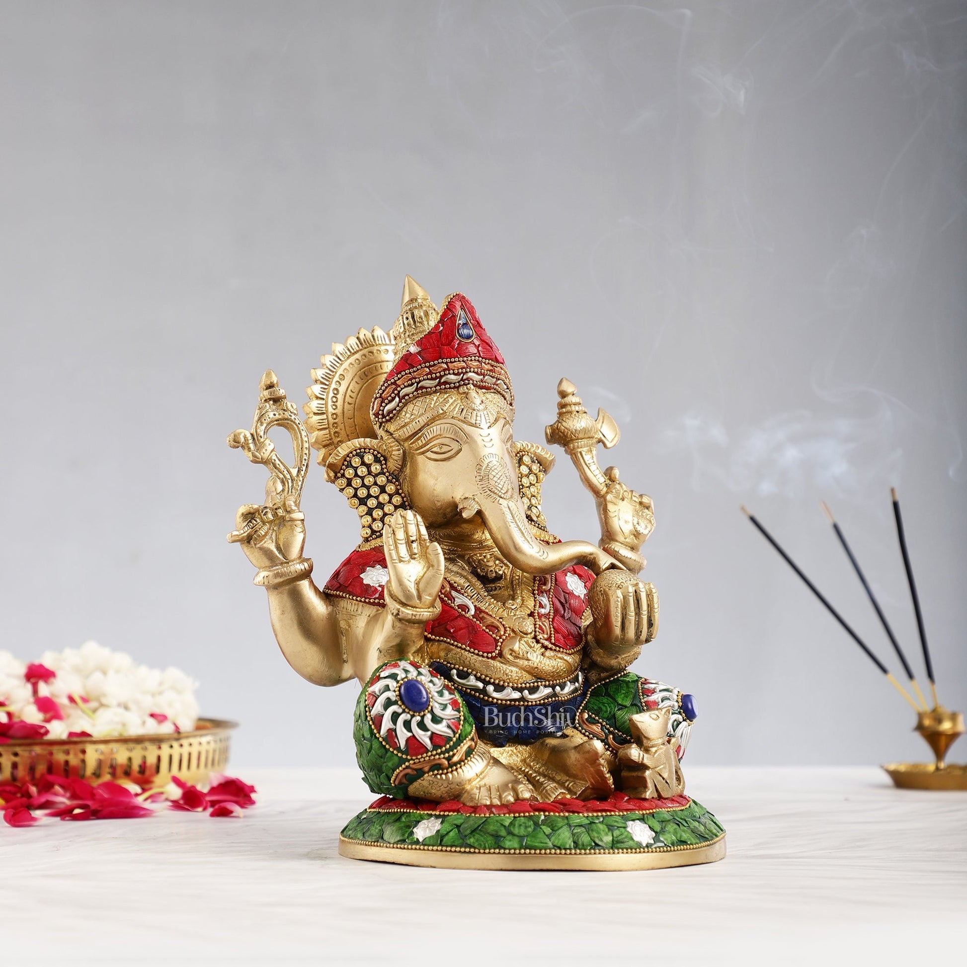Superfine Brass Lord Ganesha with Stonework Idol Murti Statue - 12 inch