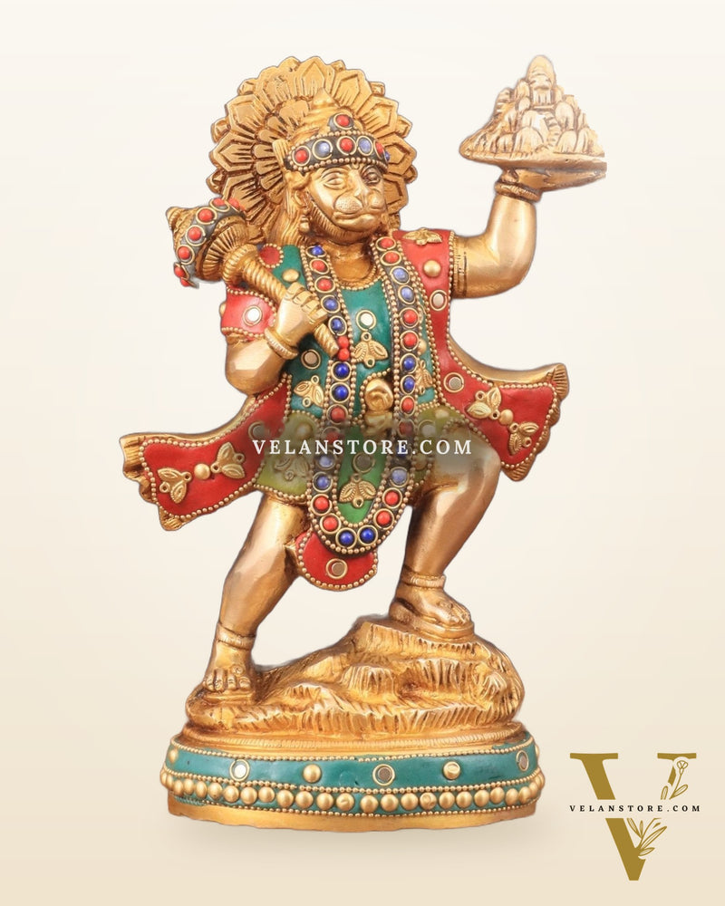 Superfine Brass Lord Hanuman with Sanjeevani Mountain 10 inch