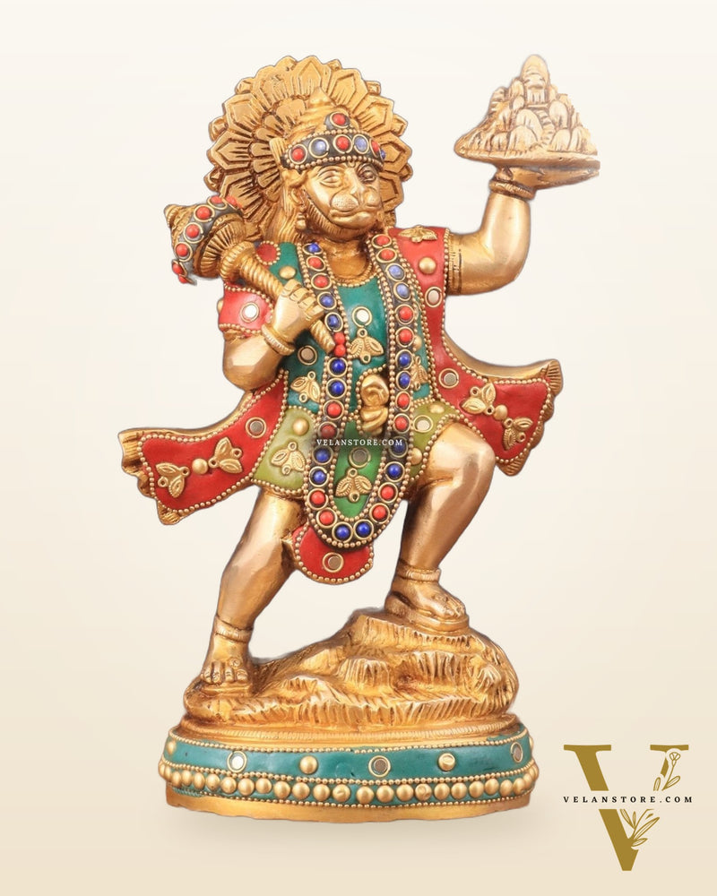 Superfine Brass Lord Hanuman with Sanjeevani Mountain 10 inch