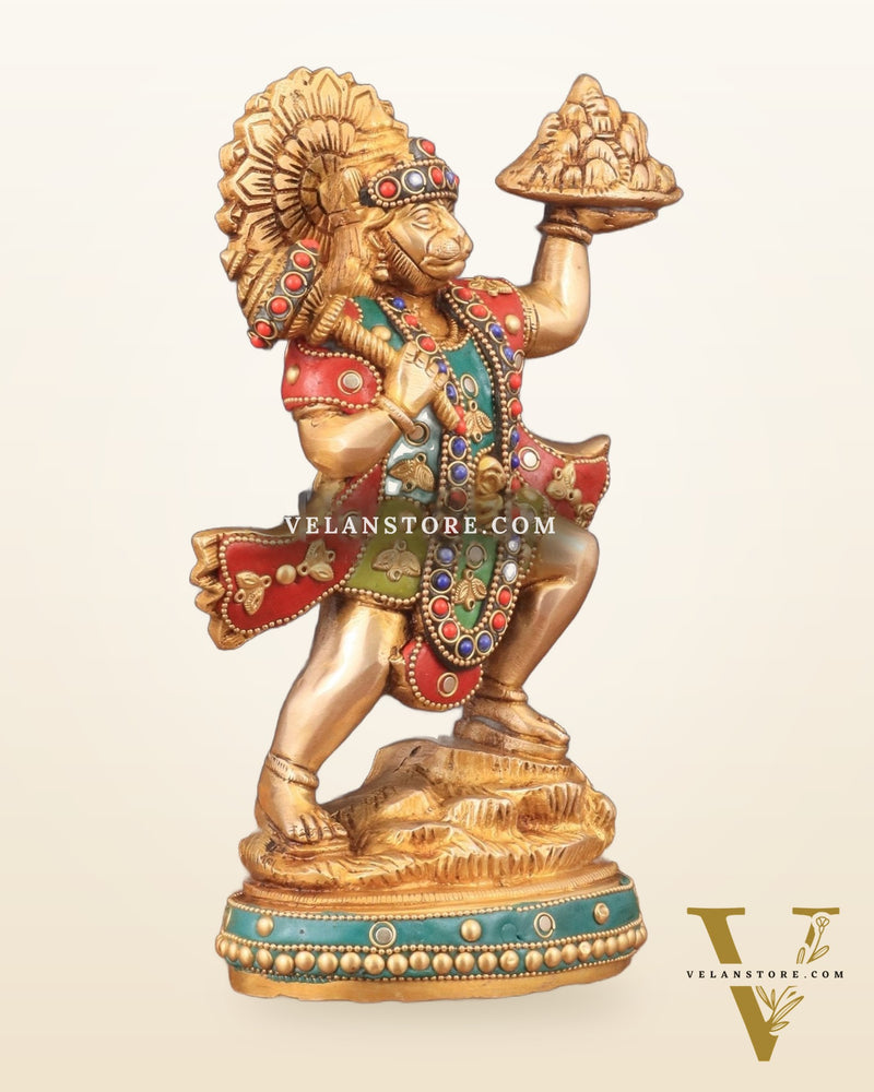 Superfine Brass Lord Hanuman with Sanjeevani Mountain 10 inch