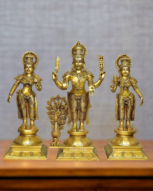 Superfine Brass Lord Kartikeya Murugan Swamy with Devasena and Valli Idol Set - 18.5"