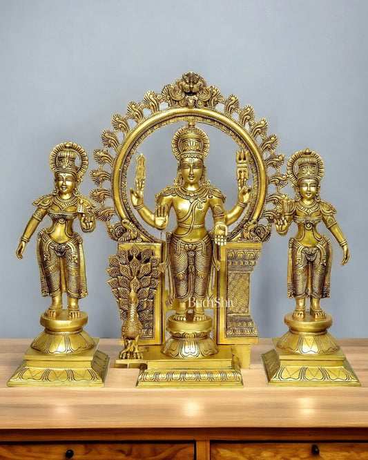 Superfine Brass Lord Kartikeya Murugan Swamy with Devasena and Valli Idol Set - 23"