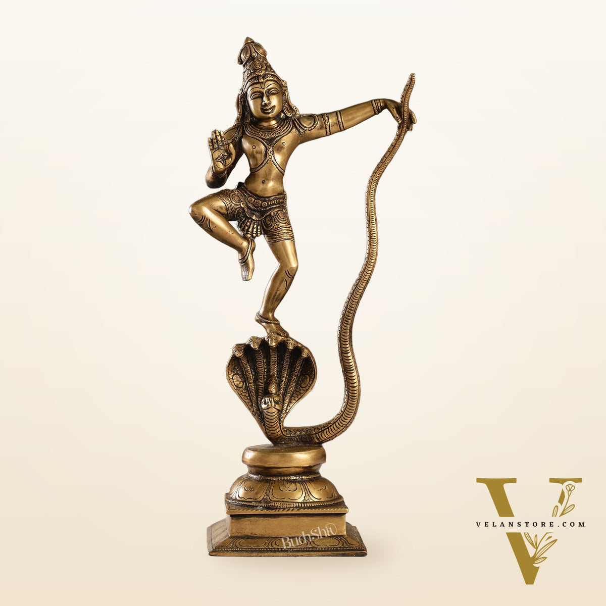 Superfine Brass Lord Krishna Dancing on Kaliya Naag | 18" Height | Cosmic Grace