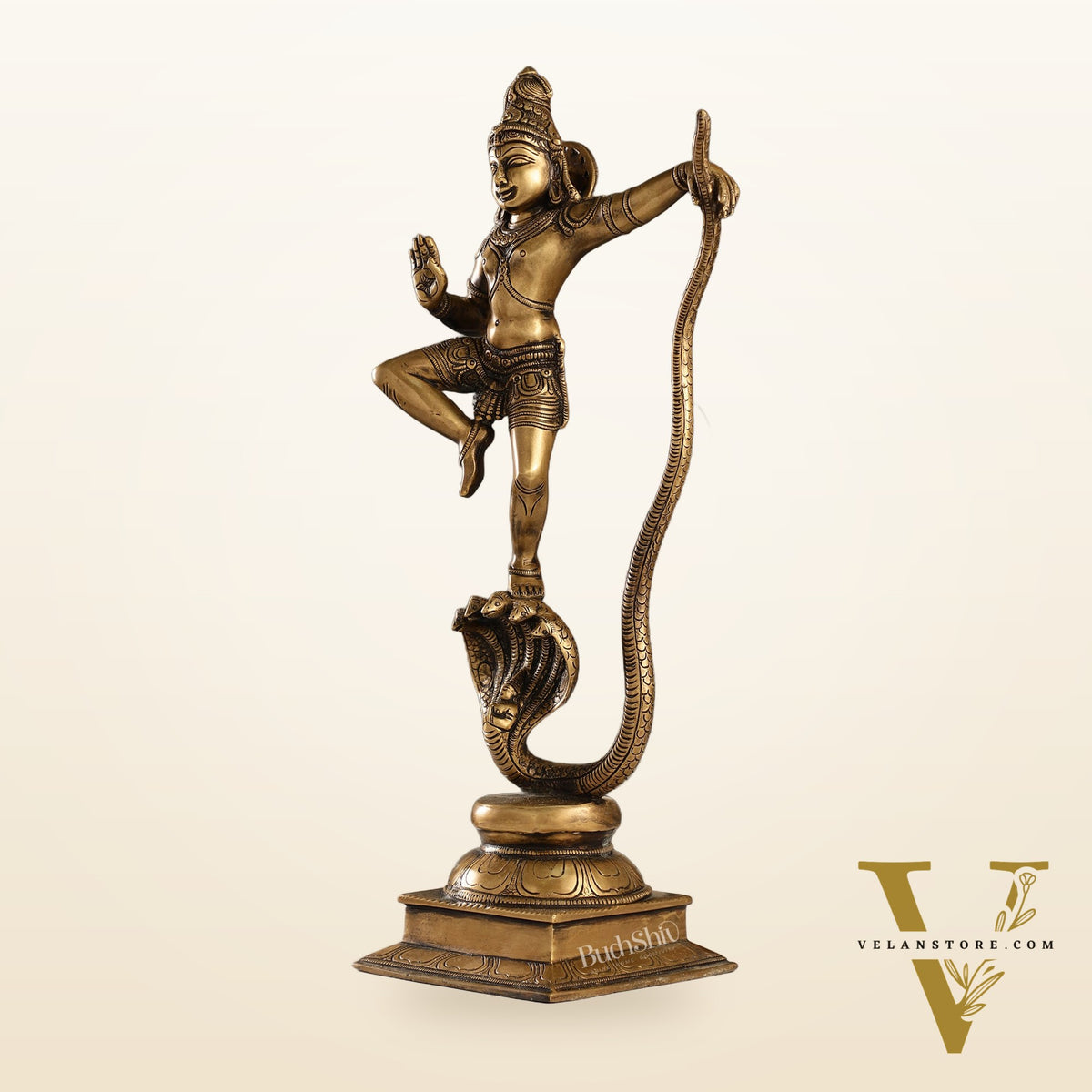 Superfine Brass Lord Krishna Dancing on Kaliya Naag | 18" Height | Cosmic Grace