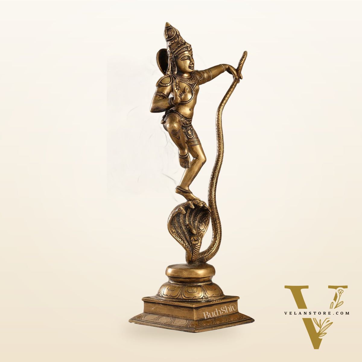Superfine Brass Lord Krishna Dancing on Kaliya Naag | 18" Height | Cosmic Grace