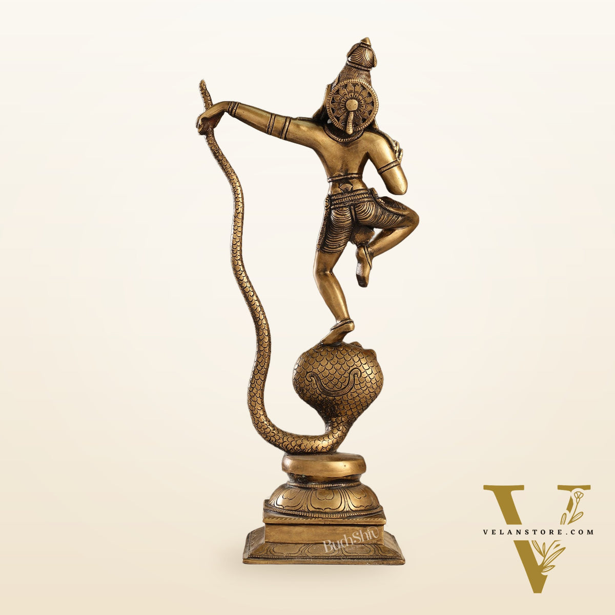 Superfine Brass Lord Krishna Dancing on Kaliya Naag | 18" Height | Cosmic Grace