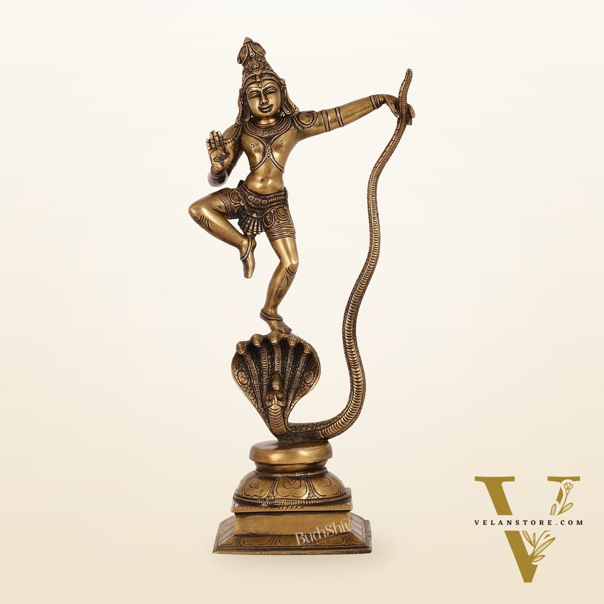 Superfine Brass Lord Krishna Dancing on Kaliya Naag | 18" Height | Cosmic Grace