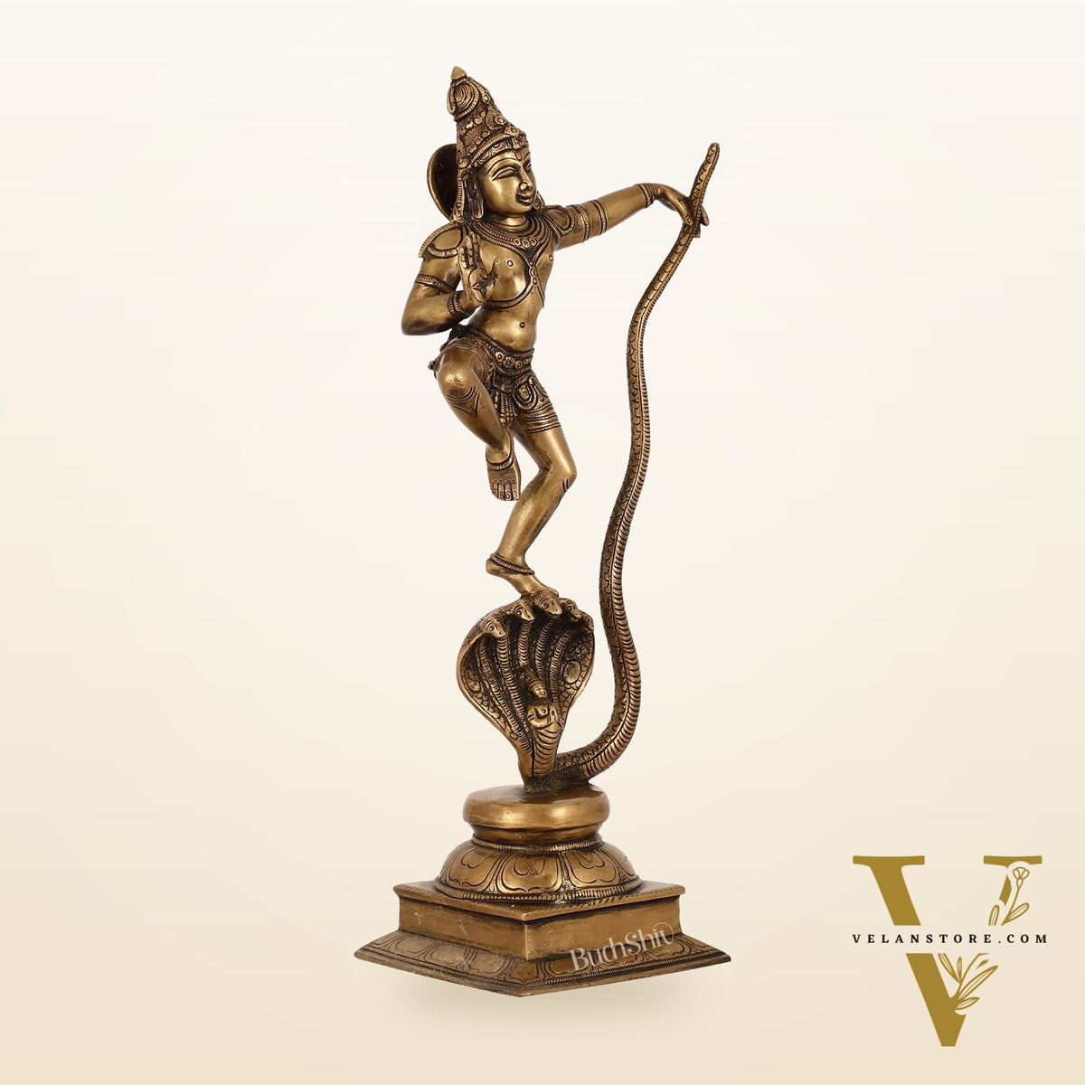 Superfine Brass Lord Krishna Dancing on Kaliya Naag | 18" Height | Cosmic Grace