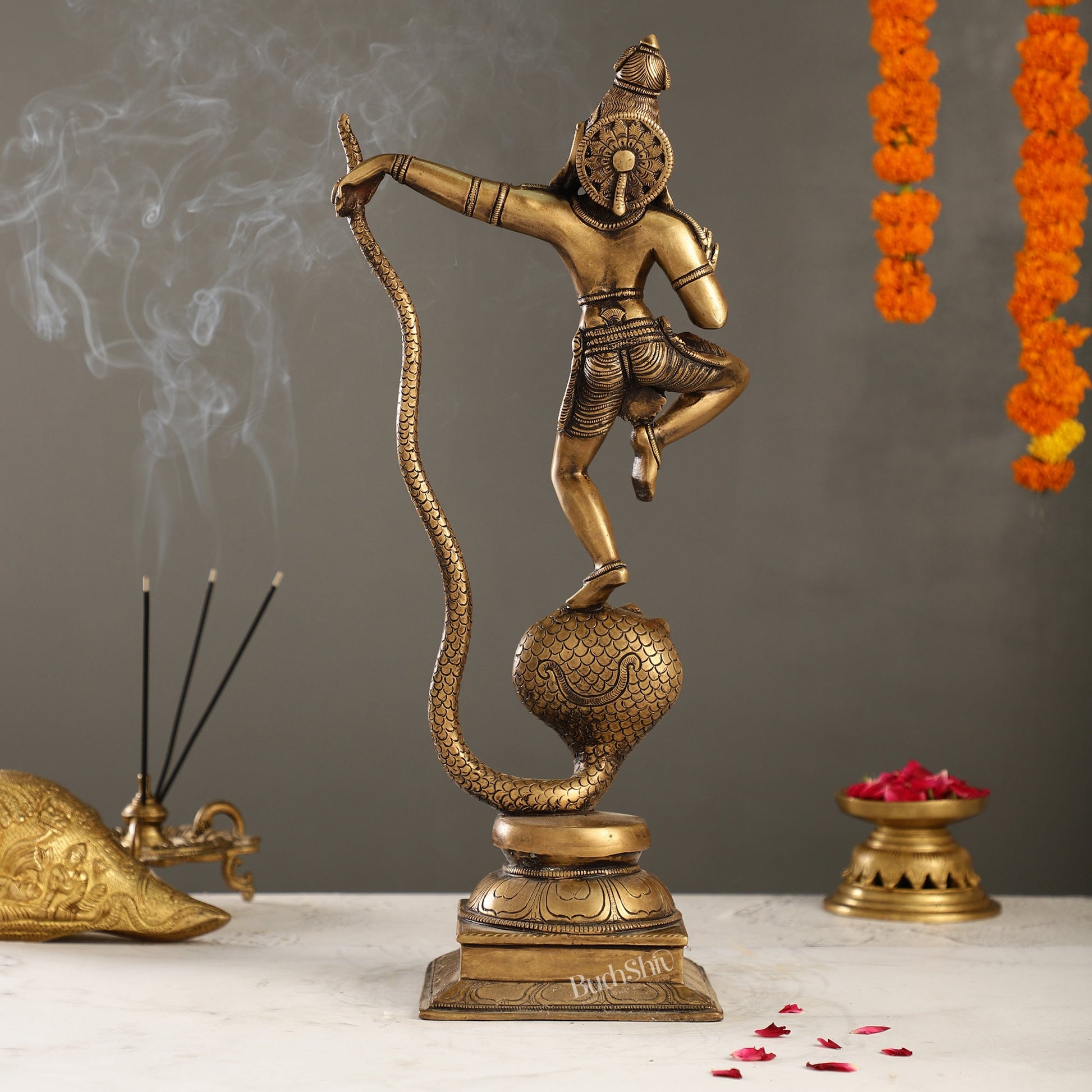 Superfine Brass Lord Krishna Dancing on Kaliya Naag | 18" Height | Cosmic Grace