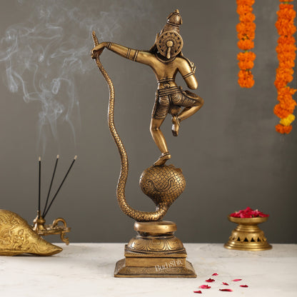 Superfine Brass Lord Krishna Dancing on Kaliya Naag | 18" Height | Cosmic Grace