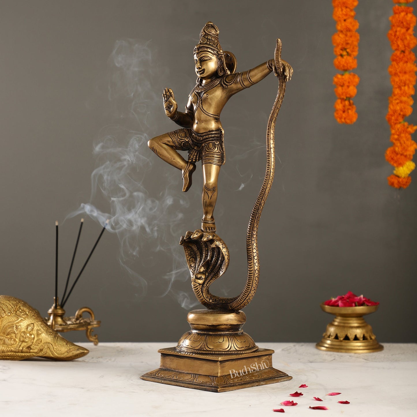 Superfine Brass Lord Krishna Dancing on Kaliya Naag | 18" Height | Cosmic Grace