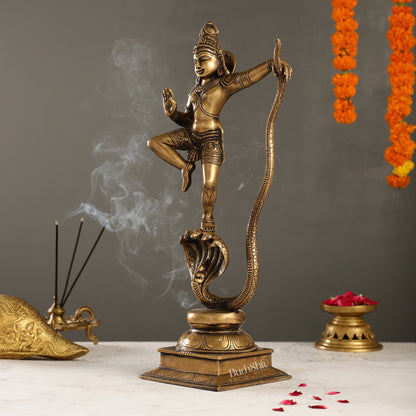 Superfine Brass Lord Krishna Dancing on Kaliya Naag | 18" Height | Cosmic Grace