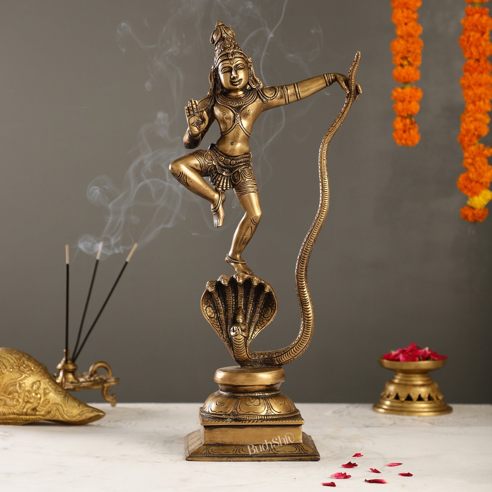 Superfine Brass Lord Krishna Dancing on Kaliya Naag | 18" Height | Cosmic Grace