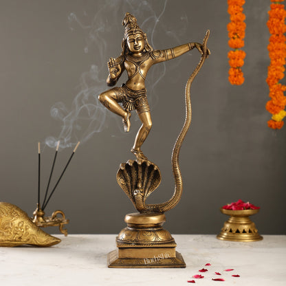 Superfine Brass Lord Krishna Dancing on Kaliya Naag | 18" Height | Cosmic Grace