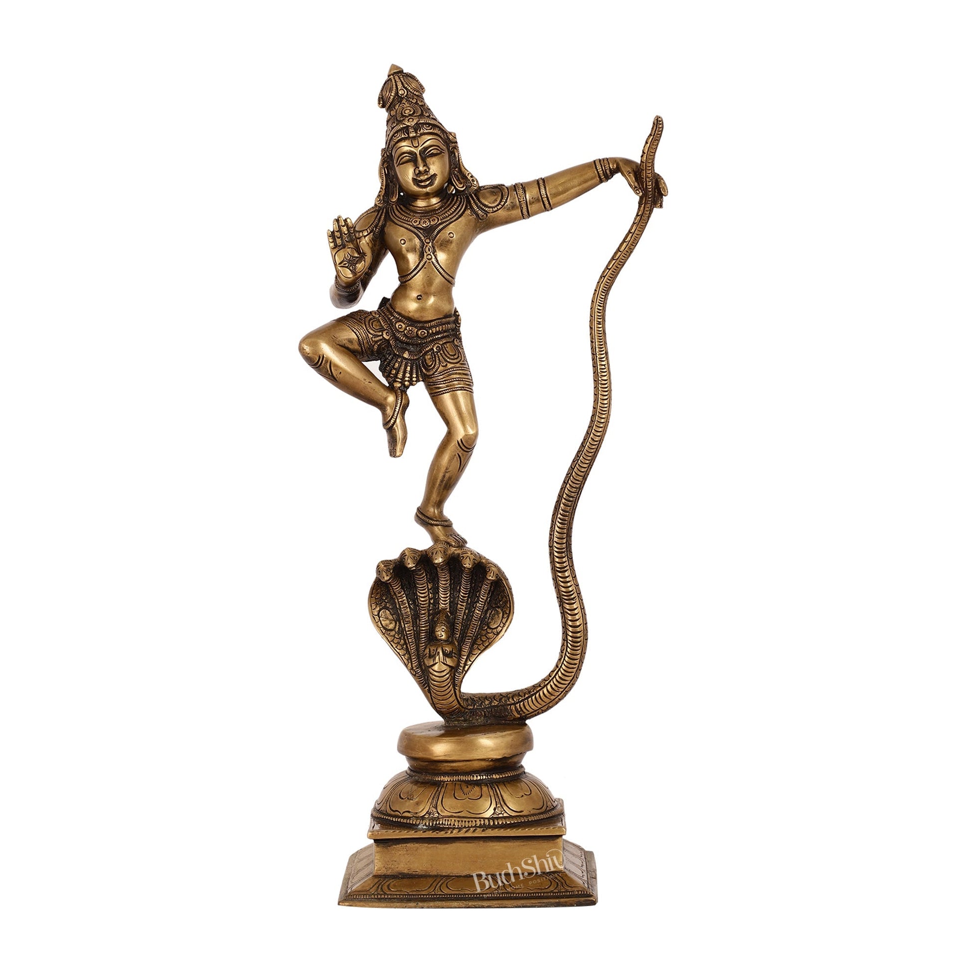 Superfine Brass Lord Krishna Dancing on Kaliya Naag | 18" Height | Cosmic Grace
