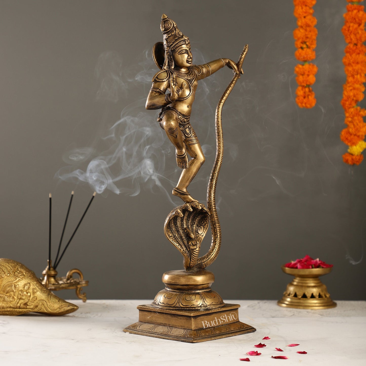 Superfine Brass Lord Krishna Dancing on Kaliya Naag | 18" Height | Cosmic Grace
