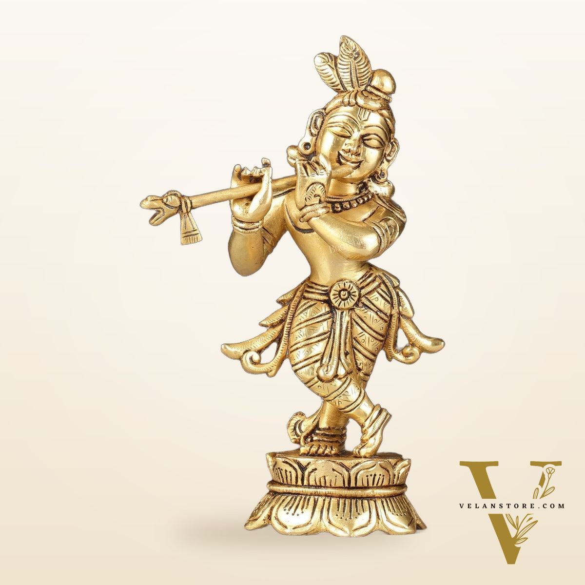 Superfine Brass Lord Krishna Idol Standing on Lotus Base - 7 inch
