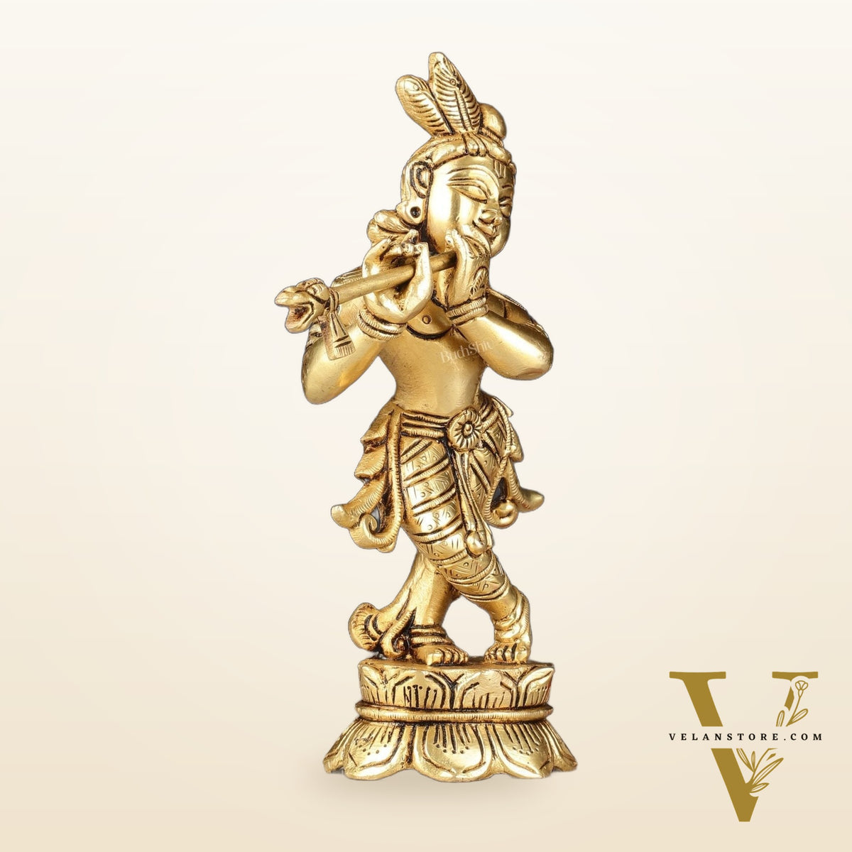 Superfine Brass Lord Krishna Idol Standing on Lotus Base - 7 inch